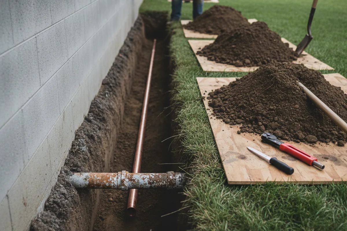 Excavated water line trench during Water Softener Installation in Adams Run